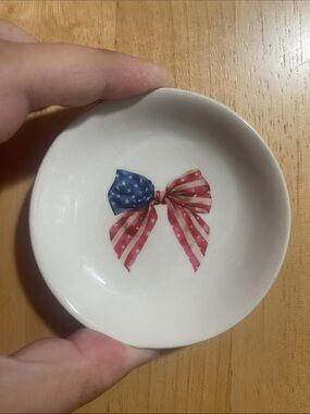 Patriotic Bow Ceramic Trinket Dish - White with Red & Blue Bow